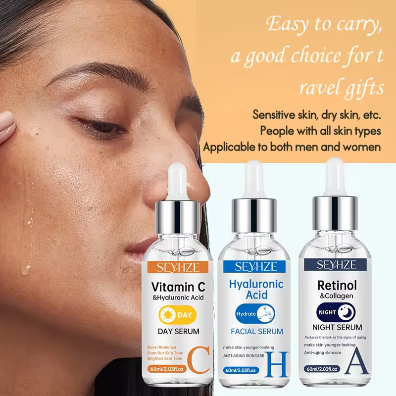 SEYHZE 3pcs Day/Night Vitamin C And Retinol Serum Set with Hyaluronic Acid
