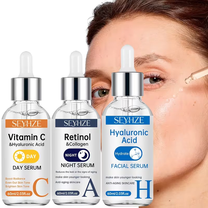 SEYHZE 3pcs Day/Night Vitamin C And Retinol Serum Set with Hyaluronic Acid