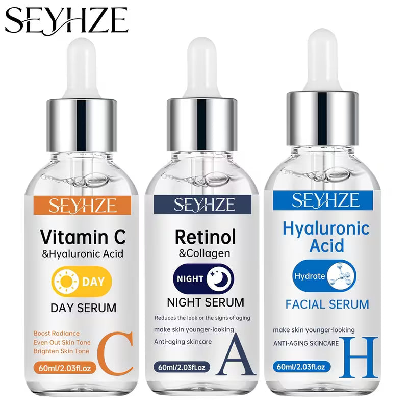 SEYHZE 3pcs Day/Night Vitamin C And Retinol Serum Set with Hyaluronic Acid