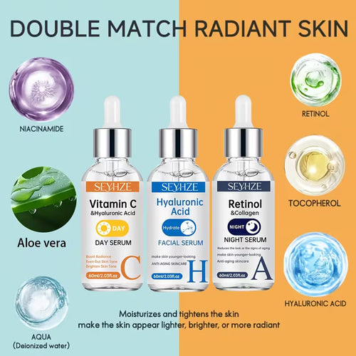 SEYHZE 3pcs Day/Night Vitamin C And Retinol Serum Set with Hyaluronic Acid