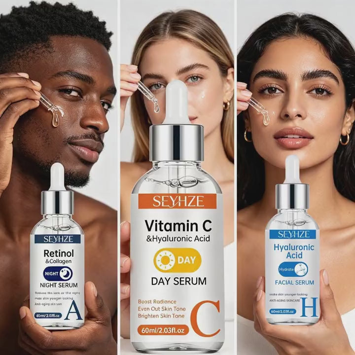 SEYHZE 3pcs Day/Night Vitamin C And Retinol Serum Set with Hyaluronic Acid